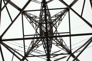 Power poles transmission line, Electricity high voltage pole, Electrical network. Bottom up view