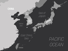 East Asia Map - Grey Colored On Dark Background. High Detailed Political Map Of Eastern Region With Country, Capital, Ocean And Sea Names Labeling