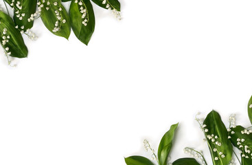 Wall Mural - frame of flower with leaves lily of the valley ( convallaria majalis, may bells, may-lily ) on a whi