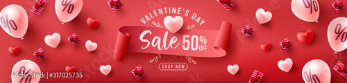 Fotografía Valentine's Day Sale 50% off Poster or banner with sweet hearts and sweet gifts on red background