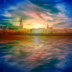 Wall Mural - abstract spring background with gold sunset blue sky and silhouette of Heidelberg