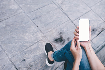 Mockup image blank white screen cell phone.woman hand holding texting using mobile.background empty space for advertise text.people contact marketing business,technology 