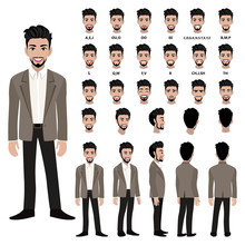 Cartoon Character With Business Man In Suit For Animation. Front, Side, Back, 3-4 View Character. Separate Parts Of Body. Flat Vector Illustration.