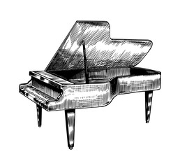 Grand piano in monochrome engraved vintage style. Hand drawn sketch. Musical jazz classical keyboard instrument. 