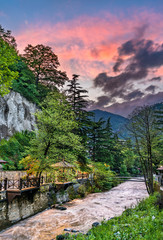 Wall Mural - Sunset above the Borjomula river in Borjomi, Georgia