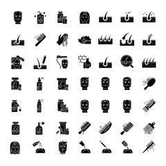Wall Mural - Hair loss black glyph icons set on white space. Baldness and alopecia treatment. Laser therapy for hairloss. Female and male hair thinning problem aid. Silhouette symbols. Vector isolated illustration
