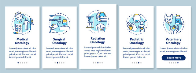 Oncology onboarding mobile app page screen with concepts. Cancer treatment walkthrough five steps graphic instructions. Medical and surgical oncology. UI vector template with RGB color illustrations
