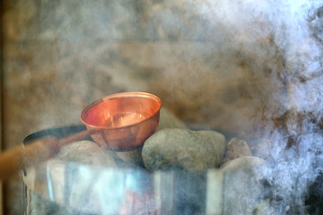 Canvas Print - sauna accessories / spa concept, sauna relaxation, hot sauna accessories, steam, bucket, heat