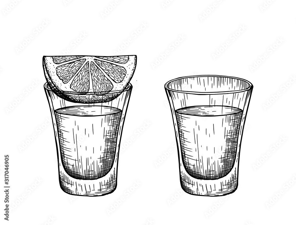 A shot of tequila and a slice of lemon. Vintage vector engraving illustration. - obrazy, fototapety, plakaty 