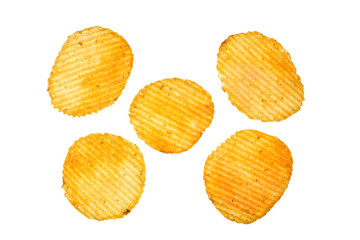 Wall Mural - top view of potato chips isolated on white background