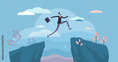 Fotomural Next big business leap, businessman jumping over a cliff gorge