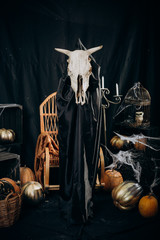 halloween mystic witch skull demon horns cloak