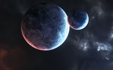 Wall Mural - Planets in blue and red light, nebulae, deep space. Science fiction. Elements of this image furnished by NASA