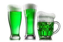 Natural Organic Green Beer In The Different Glasses.