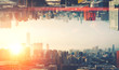 © BullRun - Futuristic multiverse world concept. Downtown with skyscrapers skyline under and cityscape over. Two parallel worlds. Alternative reality dimension