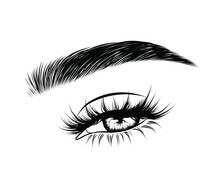 Abstract Fashion Illustration Of The Eye With Creative Makeup. Hand Drawn Vector Idea For Business Visit Cards, Templates, Web, Salon Banners,brochures. Natural Eyebrows And Glam Eyelashes