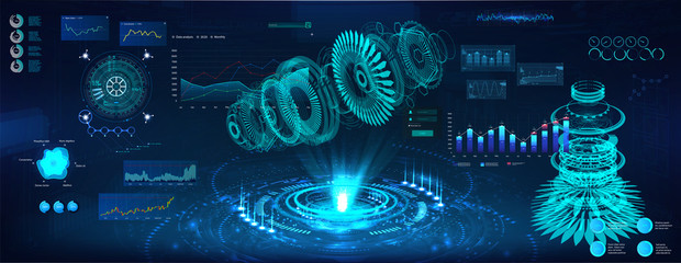Wall Mural - Futuristic Hologram 3d objects, turbine and jet engine. Cad x-ray project. Mechanical scheme HUD style. Dashboard interface future engineering with Modern interface Sky-fi. Vector illustration