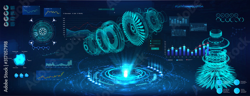 Cuadros en Lienzo Futuristic Hologram 3d objects, turbine and jet engine