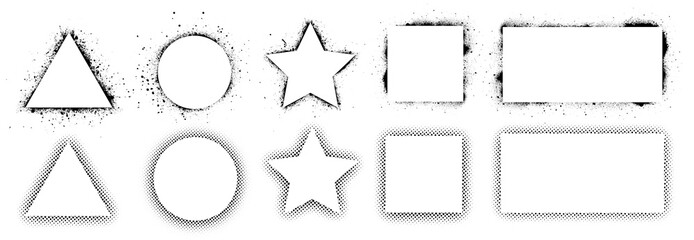 Poster - Geometric shapes and frames painted by spray paint, ink splatter texture and stencils border. Shapes triangle, circle, square, rectangle and star. Wall graffiti template and pop art style. Vector set
