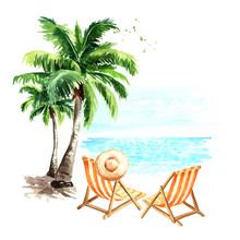 Sun Loungers, Sun Hat And Palm Trees, Summer Vacation Concept. Hand Drawn Watercolor Illustration Isolated On White Background