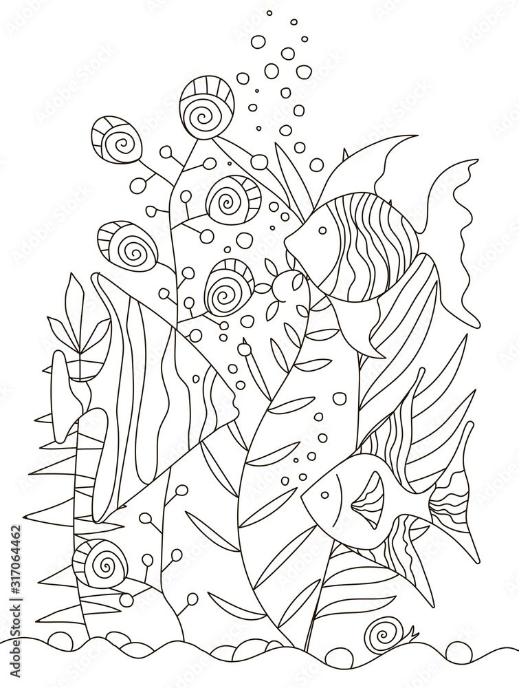 Hand Drawing Coloring Pages For Children And Adults A Beautiful Pattern With Small Details For Creativity Antistress Coloring Book With Tropical Fish Algae Ocean Underwater World Wall Mural Leria Kaleria