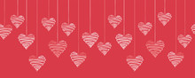 Cute Hand Drawn Hanging Doodle Hearts Horizontal Seamless Pattern, Romantic Background, Great For Textiles, Valentines Day Wrapping, Banner, Wallpaper - Vector Design