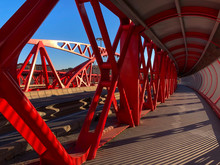 Modern Red Bridge In The City Of Alicante, Costa Blanca, Spain, Europe
