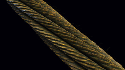 Abstract  3d render dark green  rope on black background. Close-up.