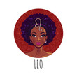 Leo zodiac sign artwork, beautiful girl face, horoscope symbol, star sign, vector illustration