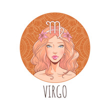 Virgo Zodiac Sign Artwork, Beautiful Girl Face, Horoscope Symbol, Star Sign, Vector Illustration