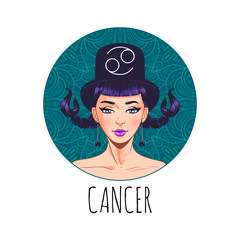 Wall Mural - Cancer zodiac sign artwork, beautiful girl face, horoscope symbol, star sign, vector illustration