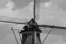 Black-white Closeup Of The Top Of A Windmill In The Netherlands, Europe