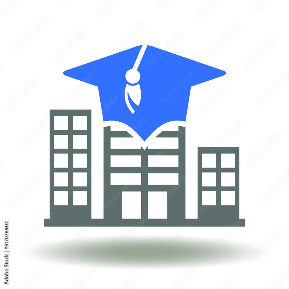 Campus Logo. Building high-rise graduation cap icon vector. High school ...
