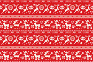 Wall Mural - Christmas Pixel Pattern with Deer and Elk. Traditional Nordic Seamless Striped Ornament. Scheme for Knitted Sweater Pattern Design or Cross Stitch Embroidery