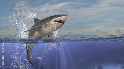 Perfect scene of great white shark jumping out of water and underwater is shown Tableau sur Toile