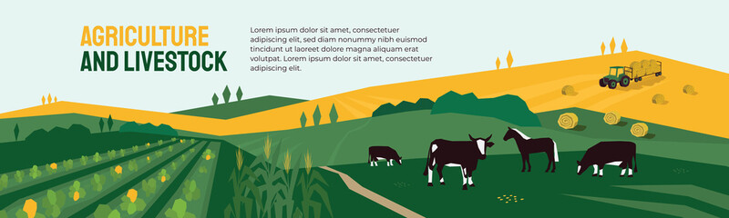 background for agriculture or livestock company. vector illustration of farm land, cows and horse in