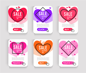 Aufkleber - Set of Valentines Day Sale Posters. Web banner design with hearts icon, geometric linear borders and click buttons. Vector advertising graphic, EPS10.