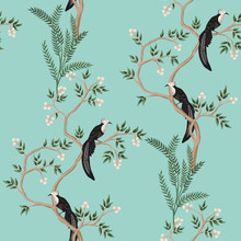 Vintage Garden Tree, Exotic Bird Floral Seamless Pattern Turquoise Background. Exotic Chinoiserie Wallpaper.