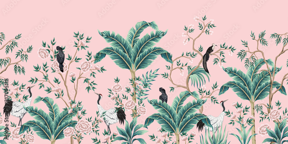 Vintage garden tree, banana tree, plant, crane, parrot, bird floral seamless border pink background. Exotic chinoiserie wallpaper. - obrazy, fototapety, plakaty 