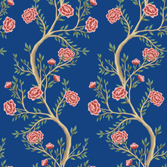 Vintage garden rose flower tree floral seamless pattern blue background. Exotic chinoiserie wallpaper.