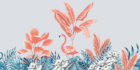 Tropical vintage botanical landscape, pink palm tree, banana tree, blue plant, pink flamingo floral seamless border grey background. Exotic jungle animal wallpaper.