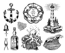 Nautical Adventure Set. Sea Lighthouse, Jellyfish And Marine Octopus And Shipping Sail, Old Sailor, Ocean Waves And Lifebuoy. Hand Drawn Engraved Old Sketch.