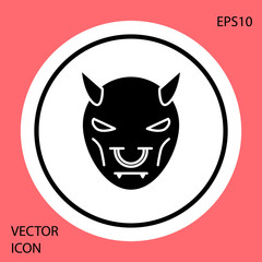 Sticker - Black Mask of the devil with horns icon isolated on red background. White circle button. Vector Illustration