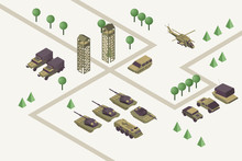 Military Base Isometric Vector Illustration. Army Training Camp With Watchtowers, Heavy Weapons, Armored Helicopter And Ground Vehicles. Modern Warfare Area, Armed Conflict Concept