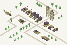 Military Camp Isometric Vector Illustration. Combat Training Ground With Watchtowers, Heavy Machinery, Armored Helicopter, Rocket Missile Launchers And Tanks. Modern Warfare Area, Armed Conflict