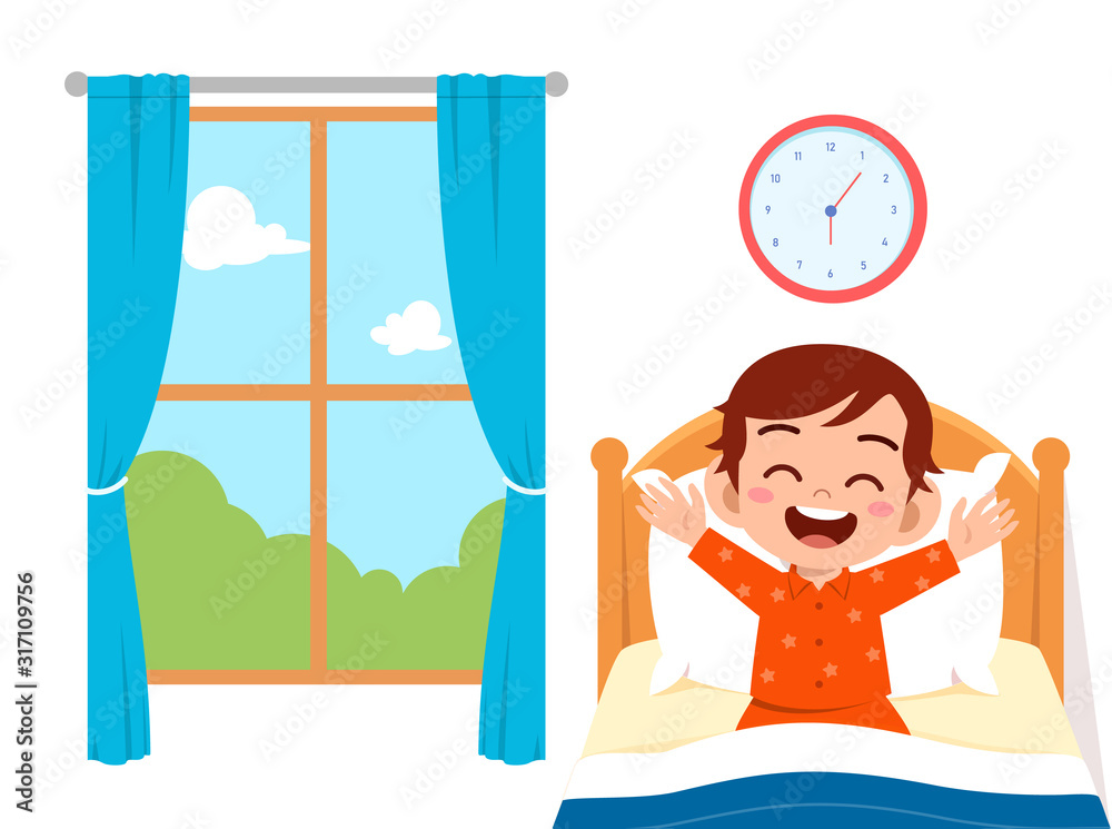 happy cute little kid boy wake up in the morning - obrazy, fototapety, plakaty 