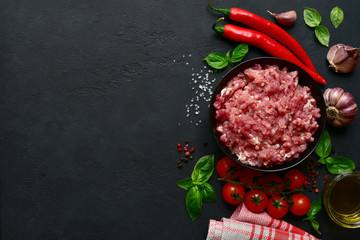 Wall Mural - Homemade minced meat with vegetables and spices. Top view with copy space.