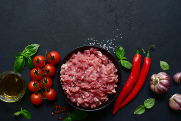 Wall Mural - Homemade minced meat with vegetables and spices. Top view with copy space.