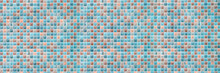 Geometric Pattern Or Floor And Wall Surface. Blue And Orange Mosaic Tiles Wide Panoramic Wallpaper.