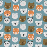 Fototapeta Pokój dzieciecy - Seamless pattern with cute bear faces (bear, polar bear, panda, red panda), hand drawn isolated on a blue background